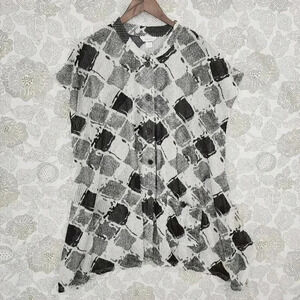 CJ Banks Geometric Printed Mock neck Cap sleeve Button Up Tunic Knit Top  2X